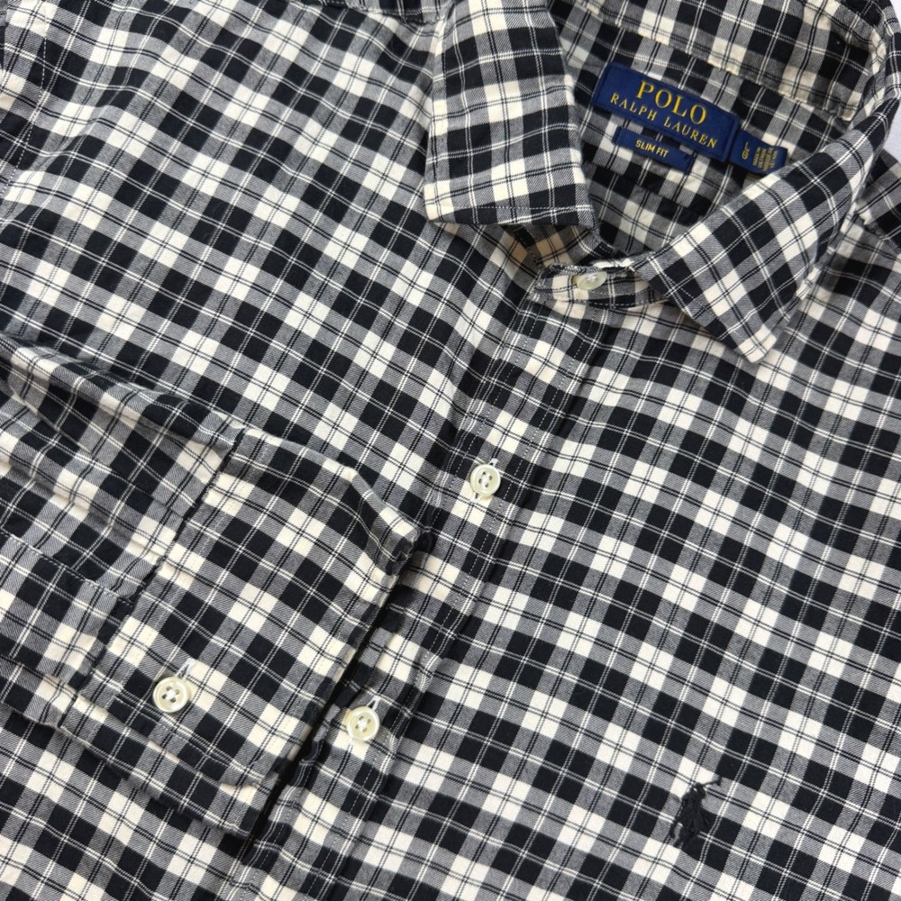 Polo Ralph Lauren Button Down Mens LG Black‎ White Plaid Slim Fit Brushed EUC